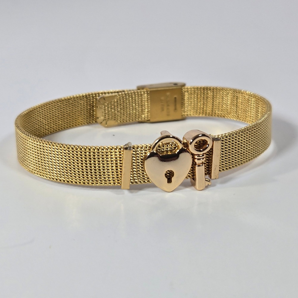 Aphrodite Gold Mesh Bracelet Heart Lock and Key Stainless Steel Adjustable